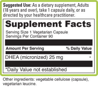 Aceva DHEA 25mg Supplement Fact Panel